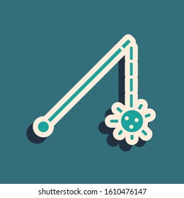 Green Medieval chained mace ball icon isolated on blue background. Medieval weapon. Long shadow style. Vector Illustration