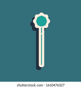 Green Medieval chained mace ball icon isolated on blue background. Medieval weapon. Long shadow style. Vector Illustration