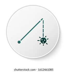 Green Medieval chained mace ball icon isolated on white background. Medieval weapon. White circle button. Vector Illustration
