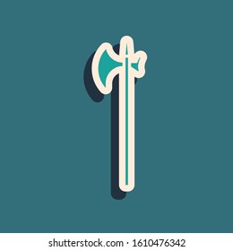 Green Medieval halberd icon isolated on blue background. Medieval weapon. Long shadow style. Vector Illustration