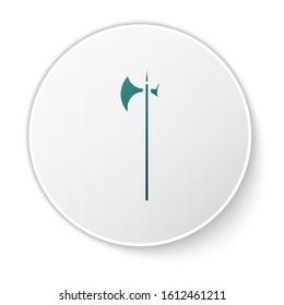 Green Medieval halberd icon isolated on white background. Medieval weapon. White circle button. Vector Illustration