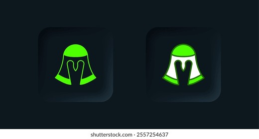 Green Medieval iron helmet for head protection icon isolated on black background. Knight helmet. Black square button. Vector