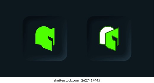 Green Medieval iron helmet for head protection icon isolated on black background. Knight helmet. Black square button. Vector