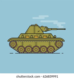 Green medium tank in profile, vector flat illustration, outline icon, blue background