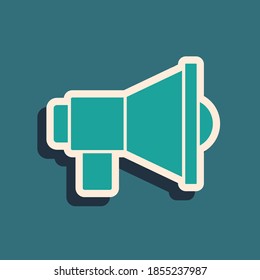 Green Megaphone icon isolated on green background. Speaker sign. Long shadow style. Vector.