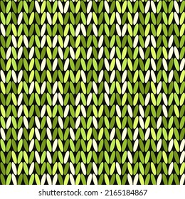 Green melange handmade knit pattern. Vector illustration of knitted seamless texture from multicolor yarn. Abstract heather marl background for clothes.