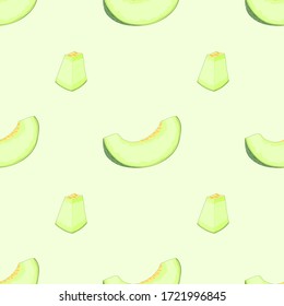 Green melon sliced seamless pattern.For dessert shops,posters,menu cover,advertisement board,Interior decoration,books,web Page.Isolated on a light green background.vector illustration.