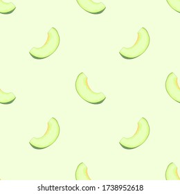 Green melon sliced seamless pattern.For dessert shops,posters,menu cover,advertisement board,Interior decoration,books,web Page.Minimal style,Isolated on a light green background.vector illustration.