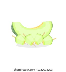 Green melon sliced,and sliced ​​with skewers.For dessert shops,posters,menu cover,advertisement board,logo,books,web Page.Isolated on a white background.vector illustration.