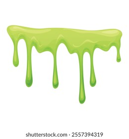 Green melting liquid drop cartoon slime sticky flow vector flat illustration. Glossy flowing drip pouring paint stain splash decorative border for confectionery syrup falling blob