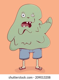 Green melting monster boy with flip flops and shorts