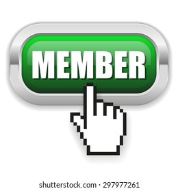 Green member button with metal border on white background