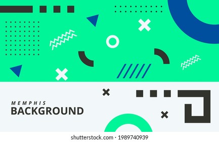 Green Memphis Background. Abstract Geometric Shapes Composition With Black, Blue and White. Can Be Used For Banner, Poster, Website, Promotion, Brochure