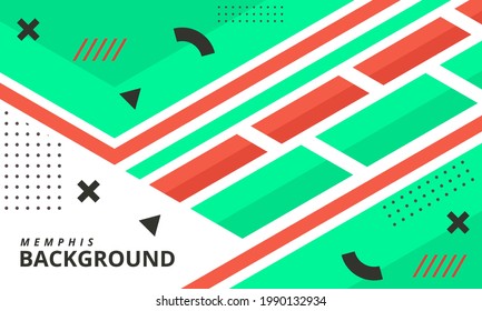 Green Memphis Background. Abstract Geometric Shapes Composition With Red, Black and White. Can Be Used For Banner, Poster, Website, Promotion, Brochure