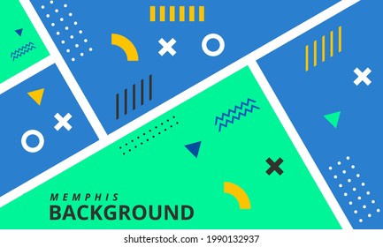 Green Memphis Background. Abstract Geometric Shapes Composition With Blue, yellow, black and White. Can Be Used For Banner, Poster, Website, Promotion, Brochure