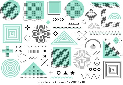 Green Memphis design, retro elements for web. Collection trendy halftone vector geometric shapes.