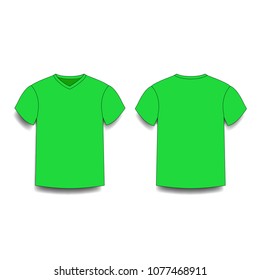 Green, men s t-shirt template v-neck front and back side views. Vector of male t-shirt wearing illustration isolated on white background.