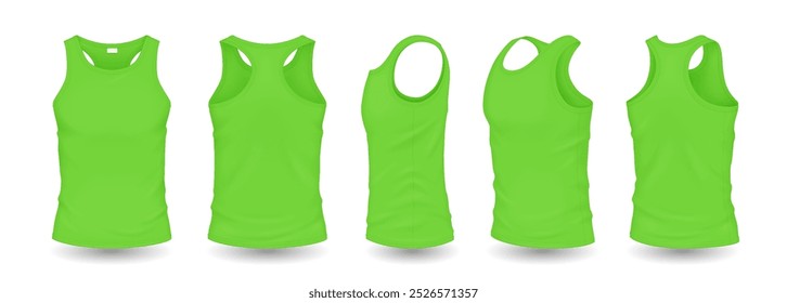 Tampos de tanque homens verdes com modelo de design conjunto de ilustração vetor realista. Roupas esportivas com espaço para modelos 3d logo no fundo branco