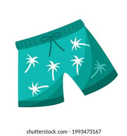 Green mens swim shorts with palm trees.