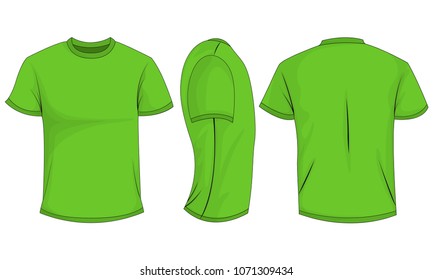 Green mens t-shirt with short sleeves. Front, back, side view. Isolated on white background. Vector illustration, EPS10.