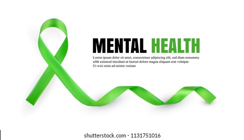 Green Mental Health Awareness Symbolic Satin Ribbon Isolated on White Background with Place for Text. Realistic 3d Vector Illustration