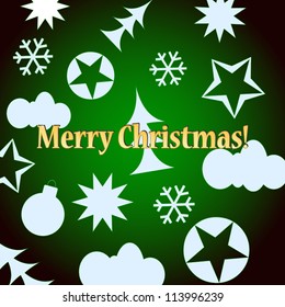 Green Merry Christmas background with various figures of white color