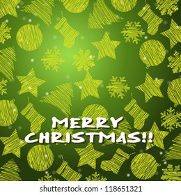 Green Merry Christmas Card with Trees, Stars, snow and balls Green Merry Xmas card with the Tree, Stars, snow, balls Icons, and copy space with an hand written wish text