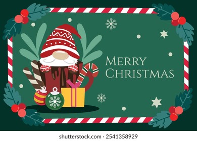 Green Merry Christmas greeting card or post card design with Vector Illustration of Santa Claus carrying a bag of Christmas gifts on a snowy Christmas Eve on a green background