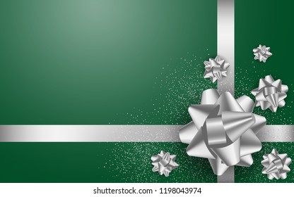 Green Merry Christmas or Happy New Year background with silver bow. Stock vector