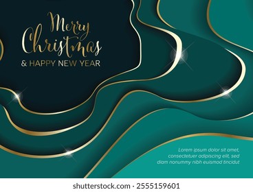 Green Merry Christmas and happy new year modern Christmas card layoute template with deep paper cut effect made from teal papers with golden borders