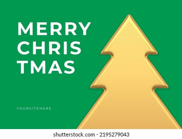 Green Merry Christmas modern greeting card congratulations template realistic 3d icon vector illustration. Happy New Year traditional winter holiday celebration web banner spruce golden bauble