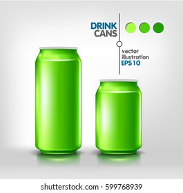 Green metal aluminum beverage drink cans 500 ml and 330 ml for beer, soda, water, energy, alcohol. Product packing mock up template for design. Vector illustration
