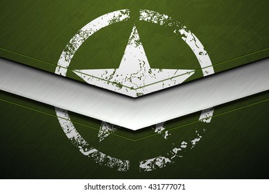 Green metal army background with white damaged military star grunge texture. Vector scratched surface and stainless steel line