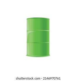 Green metal barrel for storage of liquid and chemicals, industrial and agricultural use, realistic mockup vector illustration isolated on white background.