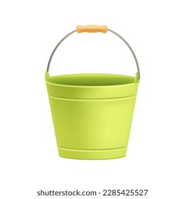 Green metal bucket for gardener or farmer 3D illustration. Equipment or container for fresh vegetables or water in 3D style on white background. Farming, gardening, agriculture, harvest concept