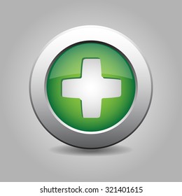 green metal button with white plus symbol