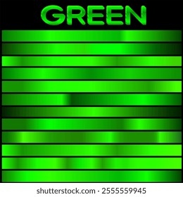 Green metal gradient. 3D chromium colorful palette set. Background template for screen, mobile, banner, label, tag, packaging, print. Vivid color combination..