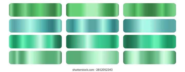 Green metal gradient swatch set.  Emerald, mint, teal, jade, turquoise foil shades. Glossy horizontal bands, light to dark. For badge, label, banner, button. Vector metallic texture palette.