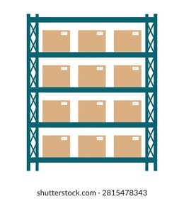 A green metal storage rack holds multiple cardboard boxes on its shelves in a warehouse