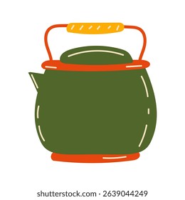green metal teapot with spout and handle. Doodle for stickers. Vector illustration, hand drawn.