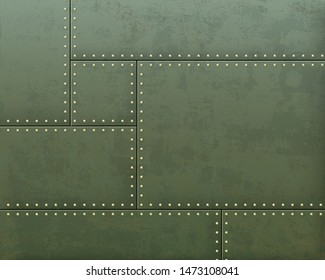 Green Metal Textured Plates With Steel Rivets. Vector Background.