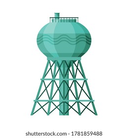 Green Metal Water Tower, Liquid Storage Tank, Countryside Life Object Flat Vector Illustration on White Background