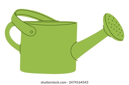 Green metal watering can or pot isolated on white background. Modern gardening tool or agricultural implement used in horticulture and plant cultivation. Flat cartoon colorful vector illustration.