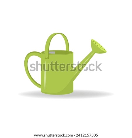 Green metal watering can or pot isolated on white background. Modern gardening tool or agricultural implement used in horticulture and plant cultivation.