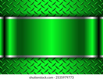 Green metallic 3d background with banner in the center and diamond plate metal pattern, vector illustration.