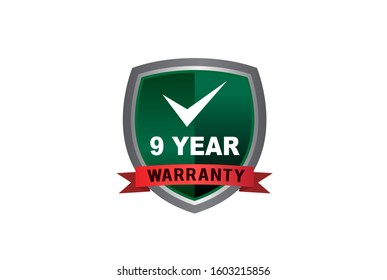 Green metallic 9 year warranty shield with red ribbon