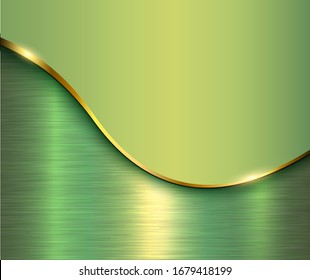 Green metallic background, elegant with gold wave and metal texture, vector illustration.
