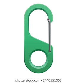 Green metallic carabiner clip hiking loop mechanism for safety realistic vector illustration. Climbing alpinism mountaineering protective link gear for rope connect extreme sport supply snap carbine