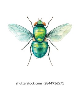 A green metallic fly with spread wings