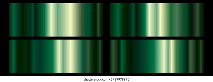 Green metallic gradients over black abstract background with reflective emerald panels, horizontal bands, glossy gradation and geometric symmetry, cool modern mood, subtle neon glow and deep contrast